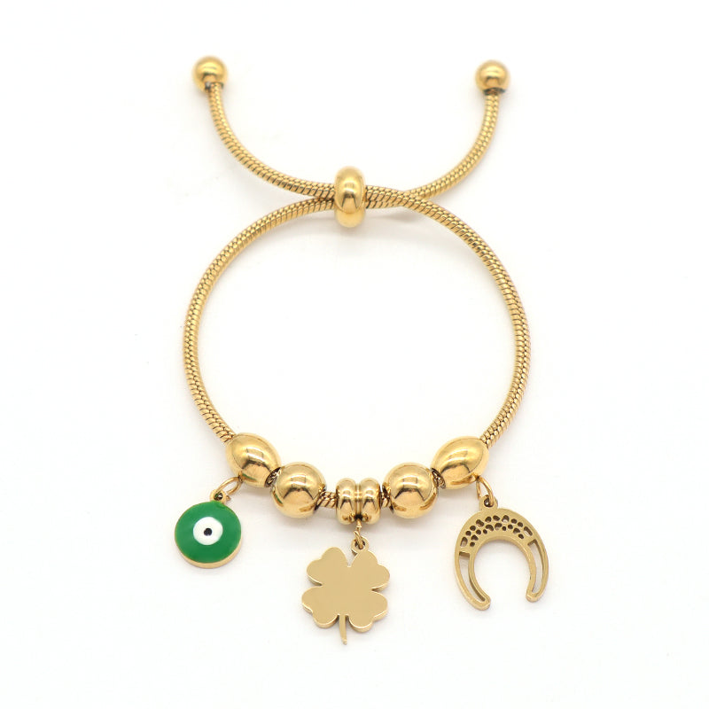 Ajustable Custom Gold Plated Stainless Steel Four-leaf clover Heart Evil Eyes Bear Moon Charm Bracelet Bangle For Children Women