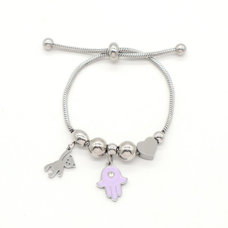 Ajustable Custom Gold Plated Stainless Steel Four-leaf clover Heart Evil Eyes Bear Moon Charm Bracelet Bangle For Children Women