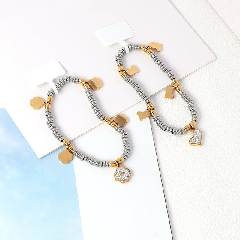 Custom Factory Manufacture Wholesale Fashion Jewelry CZ Gold Plated Flower Heart Charm Stainless Steel Cuff Bangle Bracelet For Women
