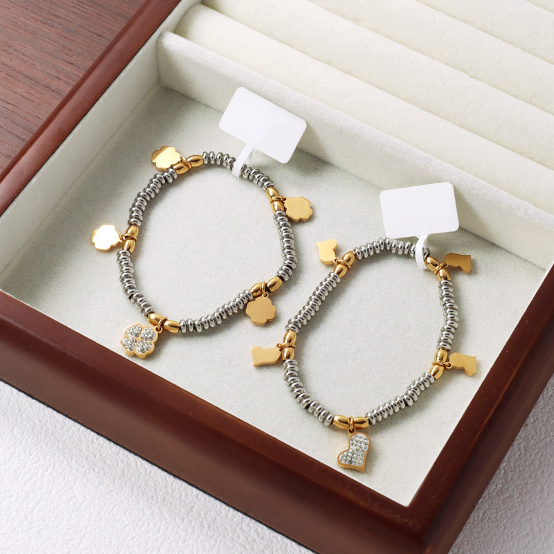 Custom Factory Manufacture Wholesale Fashion Jewelry CZ Gold Plated Flower Heart Charm Stainless Steel Cuff Bangle Bracelet For Women