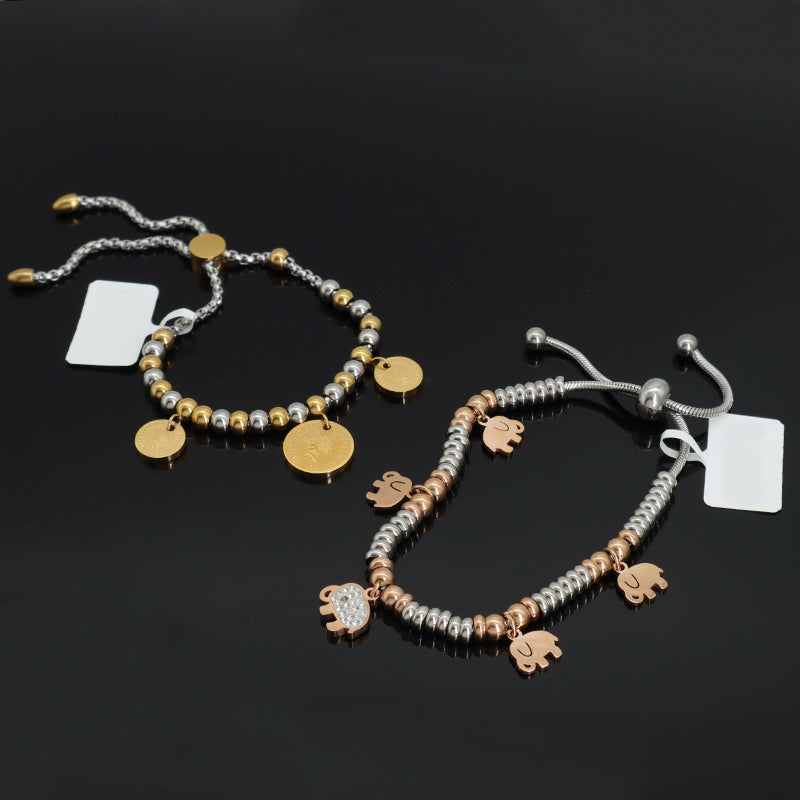 Manufacture Factory Wholesale Custom Ajustable CZ Gold Plated Beads Stainless Steel Elephant Charm Bracelet Bangle For Women