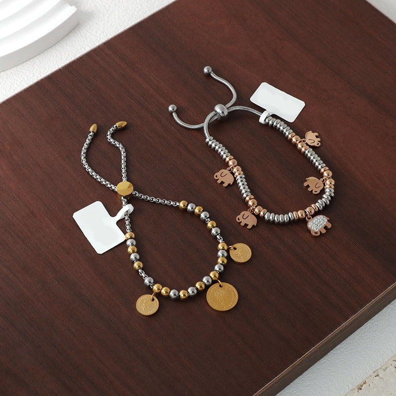 Manufacture Factory Wholesale Custom Ajustable CZ Gold Plated Beads Stainless Steel Elephant Charm Bracelet Bangle For Women