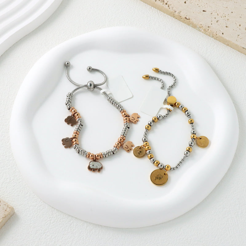 Manufacture Factory Wholesale Custom Ajustable CZ Gold Plated Beads Stainless Steel Elephant Charm Bracelet Bangle For Women