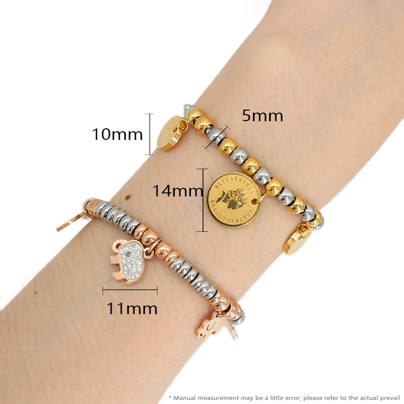 Manufacture Factory Wholesale Custom Ajustable CZ Gold Plated Beads Stainless Steel Elephant Charm Bracelet Bangle For Women