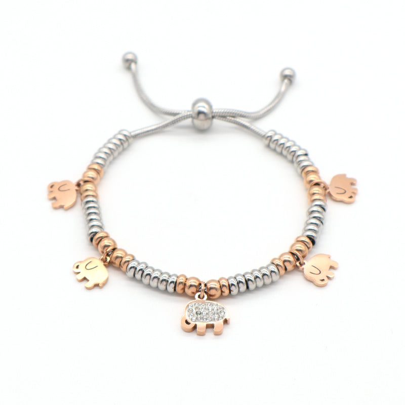 Manufacture Factory Wholesale Custom Ajustable CZ Gold Plated Beads Stainless Steel Elephant Charm Bracelet Bangle For Women