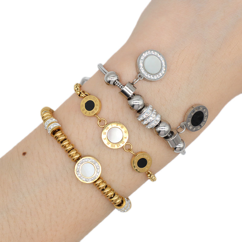 Custom Factory Manufacture Wholesale Fashion Jewelry CZ Gold Plated Round Roman Numerals Charm Stainless Steel Cuff Bangle Bracelet For Women