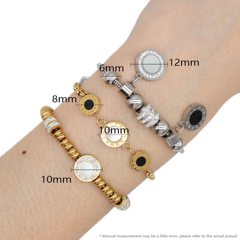 Custom Factory Manufacture Wholesale Fashion Jewelry CZ Gold Plated Round Roman Numerals Charm Stainless Steel Cuff Bangle Bracelet For Women