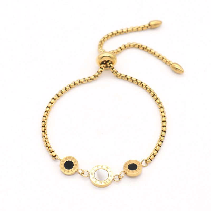 Custom Factory Manufacture Wholesale Fashion Jewelry CZ Gold Plated Round Roman Numerals Charm Stainless Steel Cuff Bangle Bracelet For Women