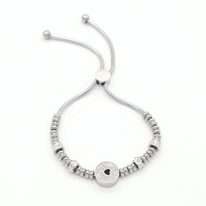 China Factory Manufacture Wholesale Custom Women Ajustable Micro Pave CZ Heart Charm No Tarnish Stainless Steel Bracelet Bangle
