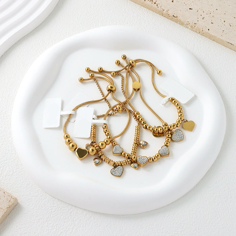 Factory Wholesale Trendy Women Custom Ajustable Gold Plated Micro Pave CZ Love Heart Charm Stainless Steel Bracelet Bangle