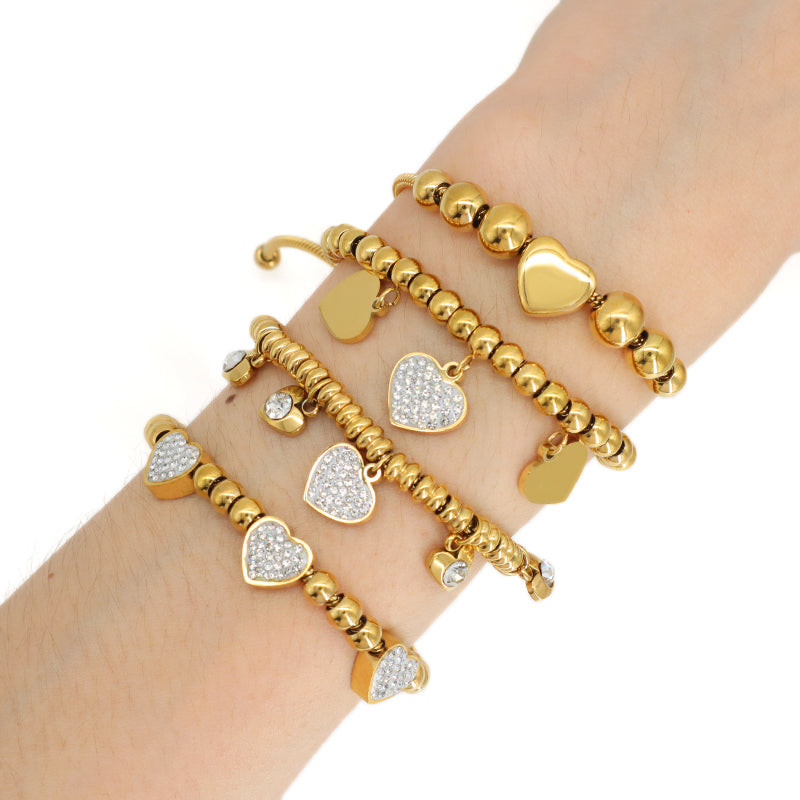 Factory Wholesale Trendy Women Custom Ajustable Gold Plated Micro Pave CZ Love Heart Charm Stainless Steel Bracelet Bangle