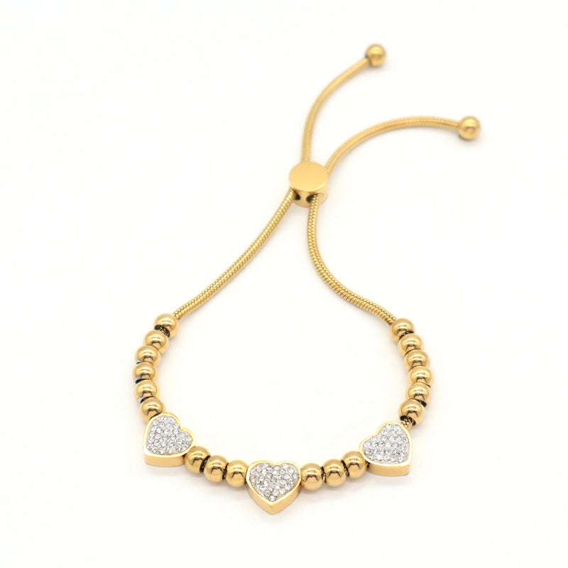 Factory Wholesale Trendy Women Custom Ajustable Gold Plated Micro Pave CZ Love Heart Charm Stainless Steel Bracelet Bangle