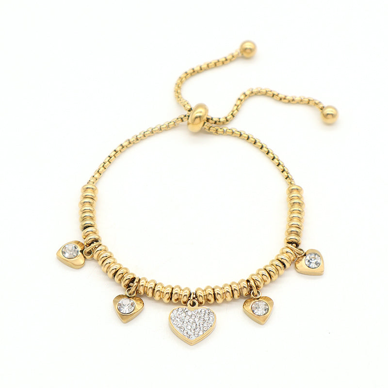 Factory Wholesale Trendy Women Custom Ajustable Gold Plated Micro Pave CZ Love Heart Charm Stainless Steel Bracelet Bangle