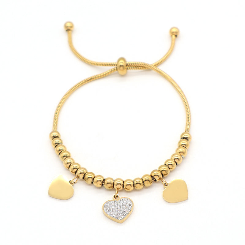 Factory Wholesale Trendy Women Custom Ajustable Gold Plated Micro Pave CZ Love Heart Charm Stainless Steel Bracelet Bangle