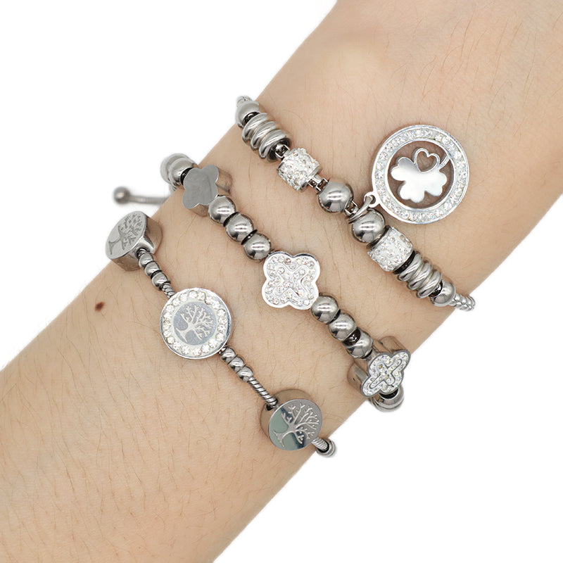China Factory Custom Manufacture Wholesale Fashion Jewelry No Tarnish CZ Life Tree Cross Flower Four Leaf Clover Charm Stainless Steel Cuff Bangle Bracelet For Women