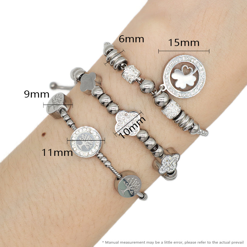China Factory Custom Manufacture Wholesale Fashion Jewelry No Tarnish CZ Life Tree Cross Flower Four Leaf Clover Charm Stainless Steel Cuff Bangle Bracelet For Women