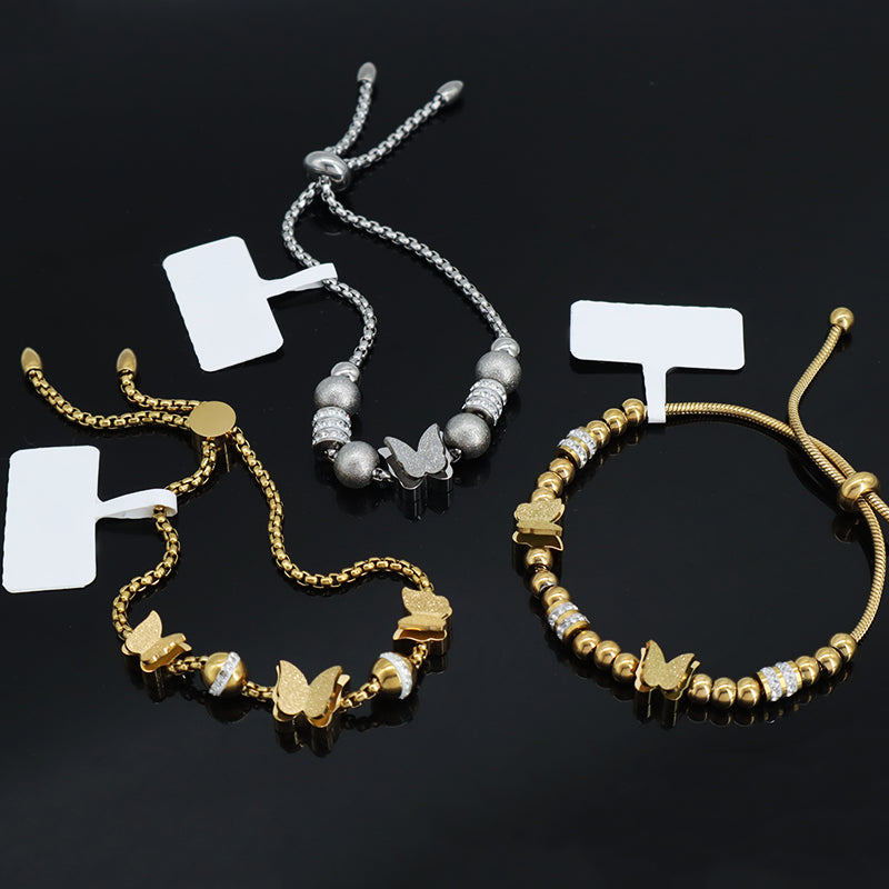 Fashionable Factory New Arrival Wholesale Custom Women Jewelry Ajustable Stainless Steel CZ Gold Plated Butterfly Charm Bracelet Bangle