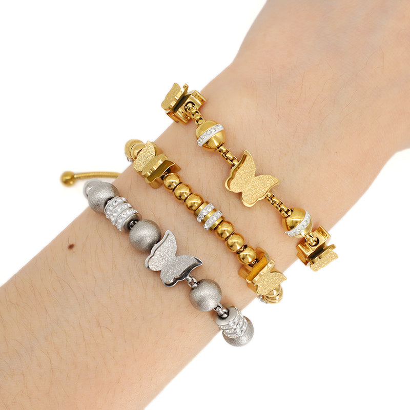 Fashionable Factory New Arrival Wholesale Custom Women Jewelry Ajustable Stainless Steel CZ Gold Plated Butterfly Charm Bracelet Bangle