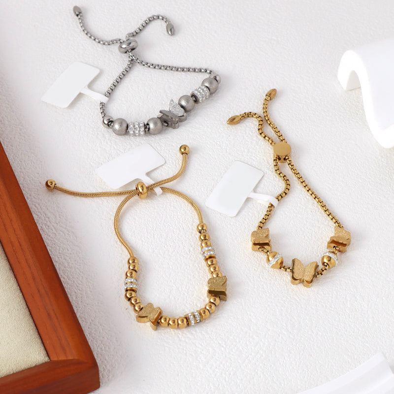 Fashionable Factory New Arrival Wholesale Custom Women Jewelry Ajustable Stainless Steel CZ Gold Plated Butterfly Charm Bracelet Bangle