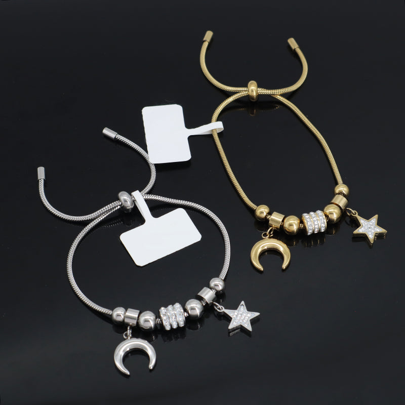 China Factory Wholesale Manufacture Fashionable New Arrival Custom Women Jewelry Ajustable Stainless Steel CZ Gold Plated Moon Star Charm Bangle Bracelet