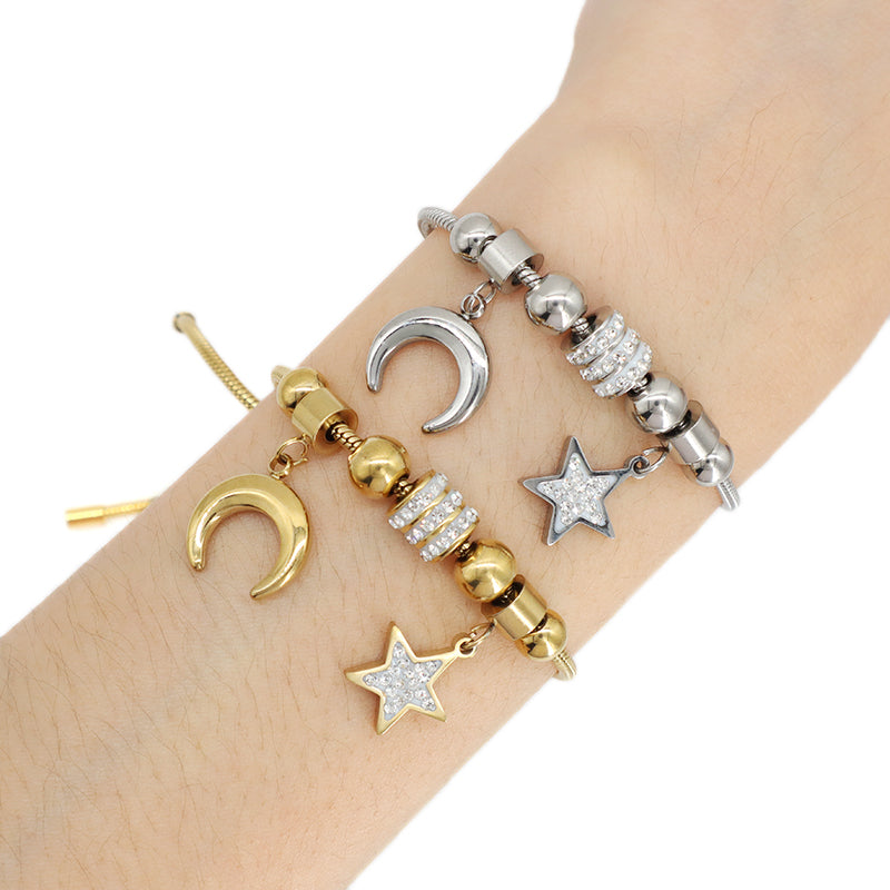 China Factory Wholesale Manufacture Fashionable New Arrival Custom Women Jewelry Ajustable Stainless Steel CZ Gold Plated Moon Star Charm Bangle Bracelet