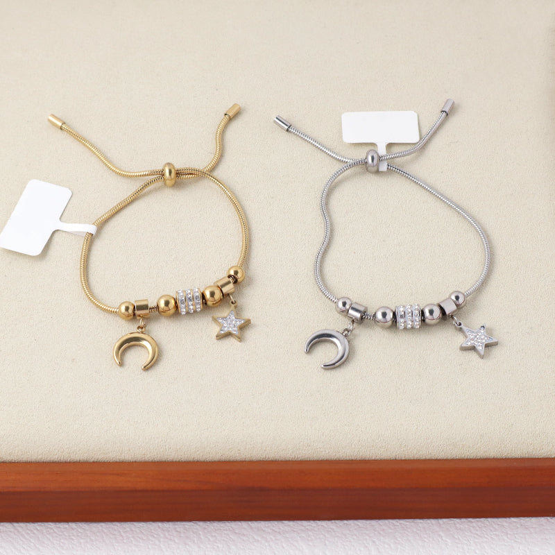 China Factory Wholesale Manufacture Fashionable New Arrival Custom Women Jewelry Ajustable Stainless Steel CZ Gold Plated Moon Star Charm Bangle Bracelet