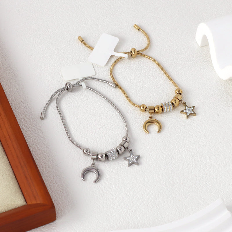 China Factory Wholesale Manufacture Fashionable New Arrival Custom Women Jewelry Ajustable Stainless Steel CZ Gold Plated Moon Star Charm Bangle Bracelet
