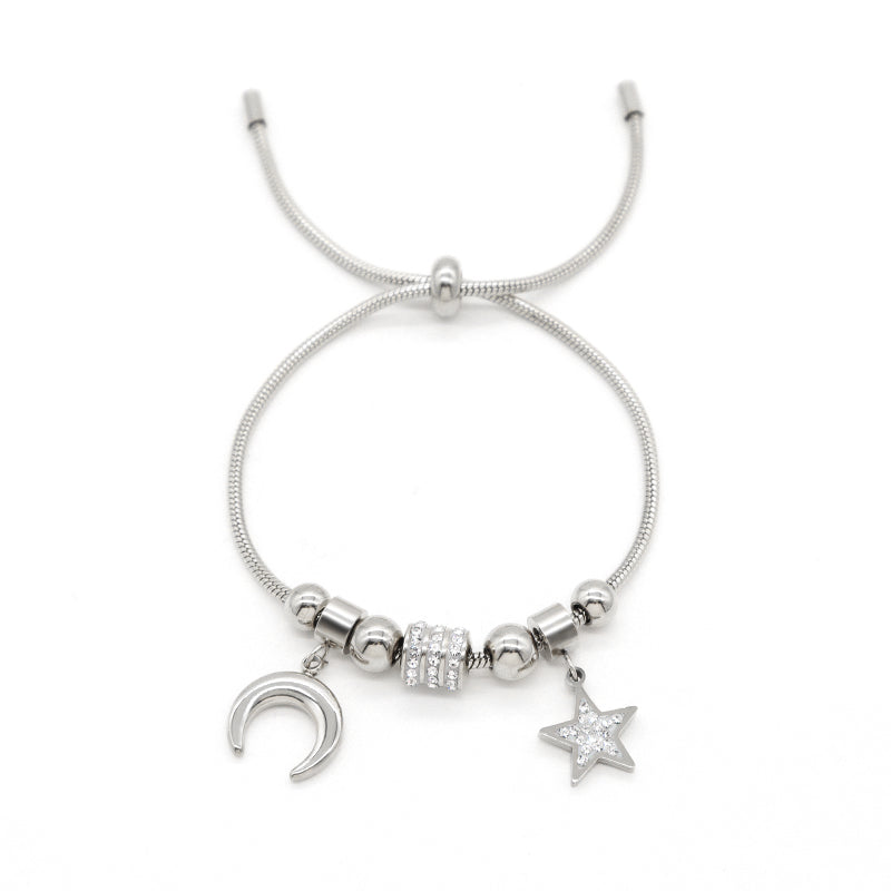 China Factory Wholesale Manufacture Fashionable New Arrival Custom Women Jewelry Ajustable Stainless Steel CZ Gold Plated Moon Star Charm Bangle Bracelet