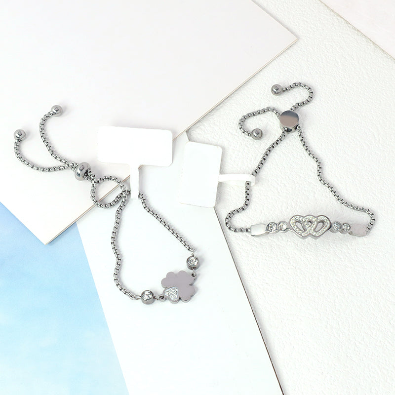 Hot Selling Wholesale Fashion Customized China Factory Manufacture Jewelry CZ No Tarnish Heart Flower Crown Charm Stainless Steel Cuff Bracelet Bangle For Women