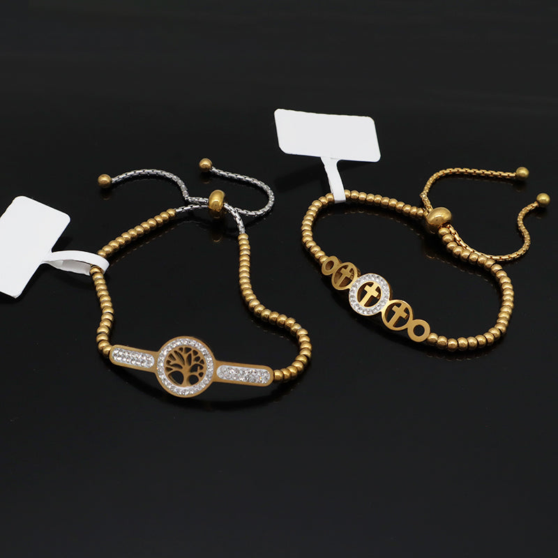 Manufacture Wholesale Fashionable Custom Factory Jewelry Women CZ Gold Plated Life Tree Cross Charm Stainless Steel Cuff Bangle Bracelet For Gift
