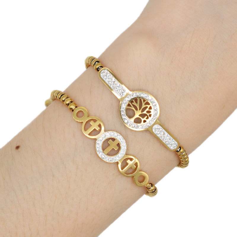 Manufacture Wholesale Fashionable Custom Factory Jewelry Women CZ Gold Plated Life Tree Cross Charm Stainless Steel Cuff Bangle Bracelet For Gift