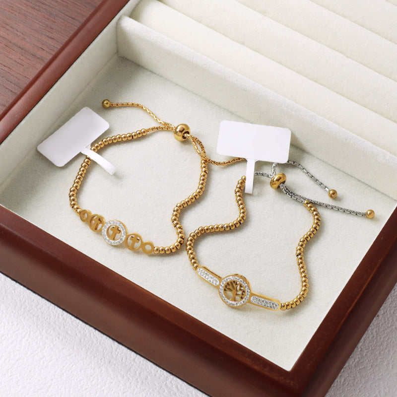 Manufacture Wholesale Fashionable Custom Factory Jewelry Women CZ Gold Plated Life Tree Cross Charm Stainless Steel Cuff Bangle Bracelet For Gift