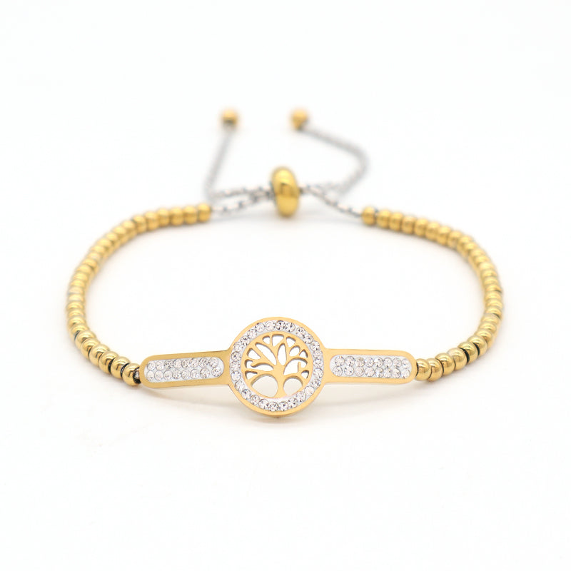Manufacture Wholesale Fashionable Custom Factory Jewelry Women CZ Gold Plated Life Tree Cross Charm Stainless Steel Cuff Bangle Bracelet For Gift