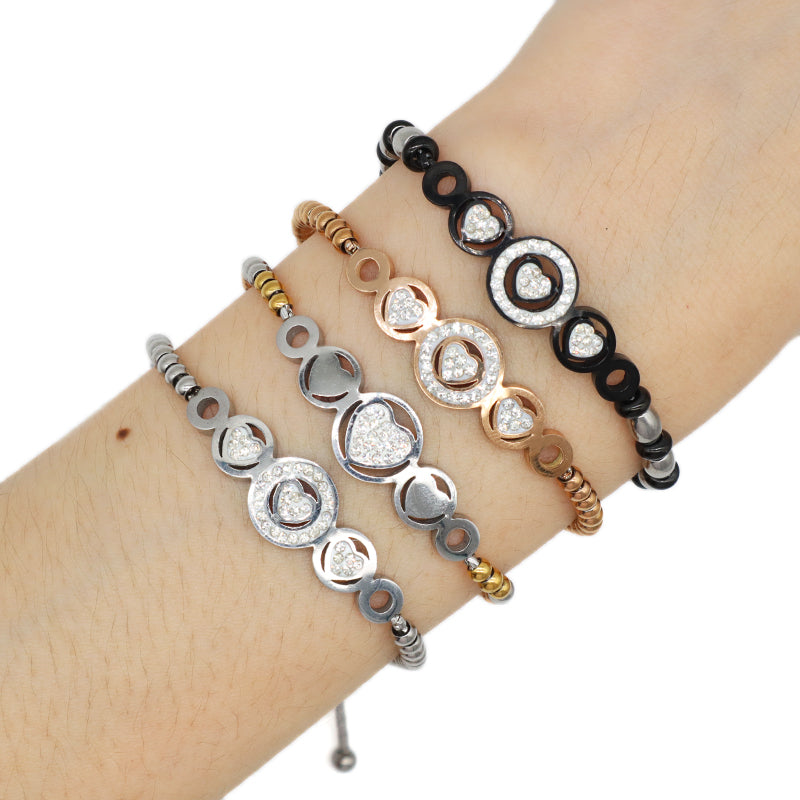 Good Quality Women Manufacture Wholesale Fashionable Custom Factory Jewelry CZ Rose Gold Love Heart Charm Stainless Steel Cuff Bangle Bracelet For Gift