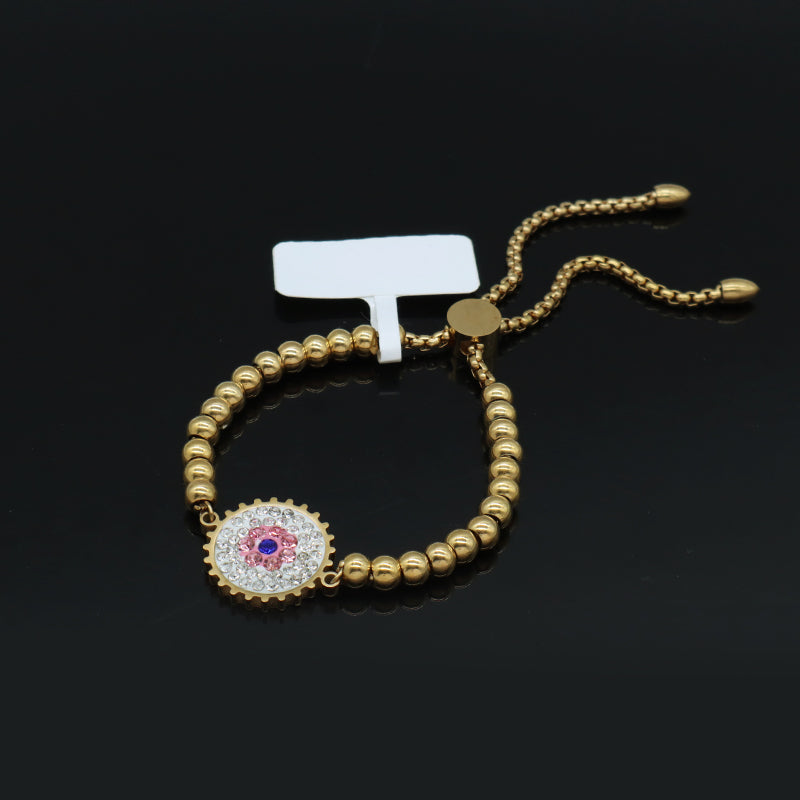 Customized Wholesale China Factory Manufacture Fashionable Women Devil Eyes Charm Jewelry Gift Ajustable Gold Plated Stainless Steel CZ Pink Evil Eyes Bracelet Bangle