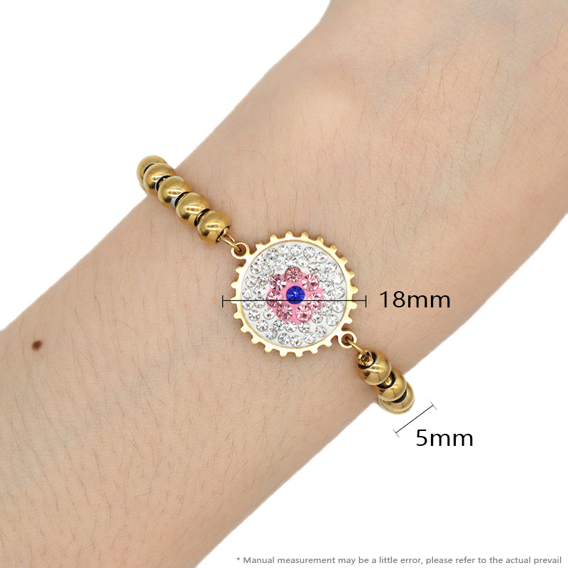Customized Wholesale China Factory Manufacture Fashionable Women Devil Eyes Charm Jewelry Gift Ajustable Gold Plated Stainless Steel CZ Pink Evil Eyes Bracelet Bangle