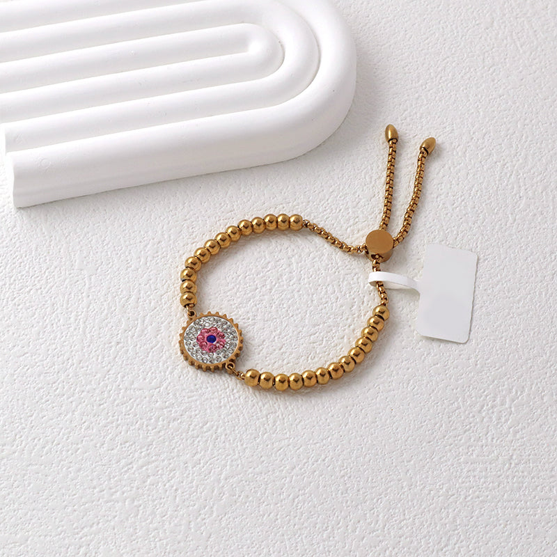 Customized Wholesale China Factory Manufacture Fashionable Women Devil Eyes Charm Jewelry Gift Ajustable Gold Plated Stainless Steel CZ Pink Evil Eyes Bracelet Bangle