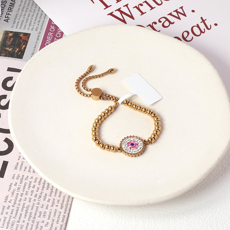 Customized Wholesale China Factory Manufacture Fashionable Women Devil Eyes Charm Jewelry Gift Ajustable Gold Plated Stainless Steel CZ Pink Evil Eyes Bracelet Bangle