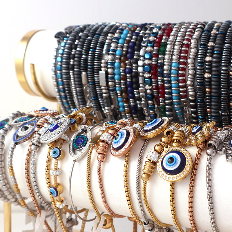 Custom China Factory Wholesale Fashionable Manufacture Bangle Jewelry Gift Men Women Ajustable Blue Grey Beads Charm Stainless Steel Bracelet
