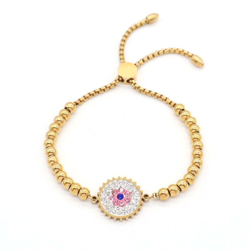 Customized Wholesale China Factory Manufacture Fashionable Women Devil Eyes Charm Jewelry Gift Ajustable Gold Plated Stainless Steel CZ Pink Evil Eyes Bracelet Bangle