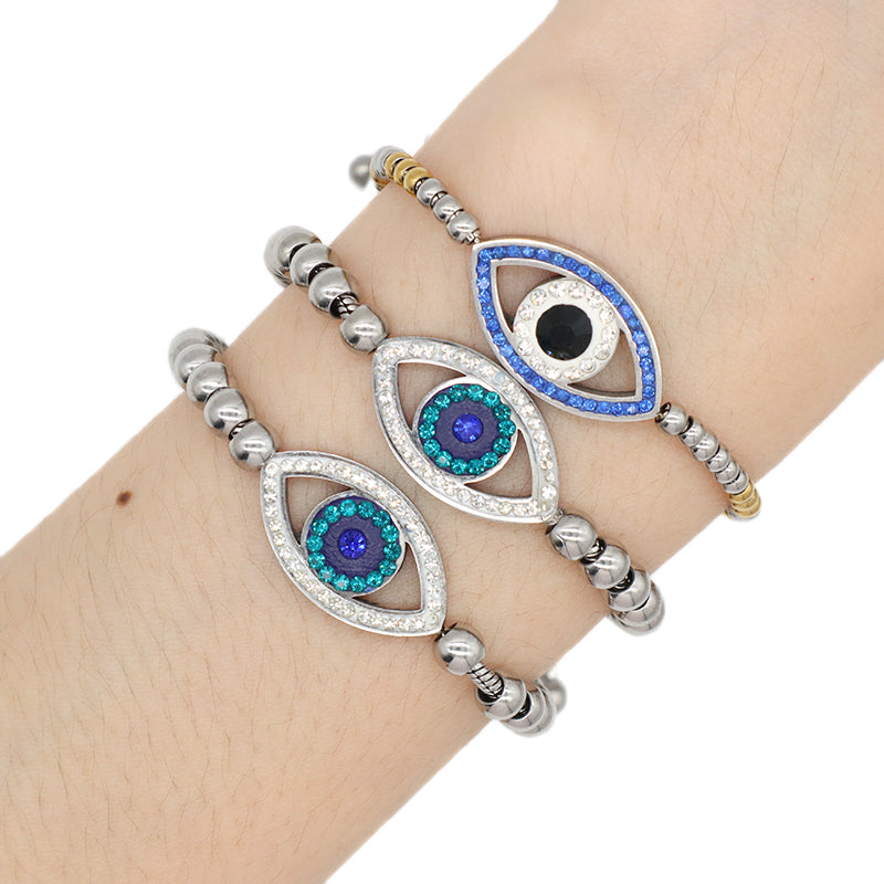 Manufacture Fashionable Customized Wholesale China Factory Women Blue Devil Eyes Charm Bangle Jewelry Gift Ajustable Gold Plated Stainless Steel CZ Turkish Evil Eyes Bracelet