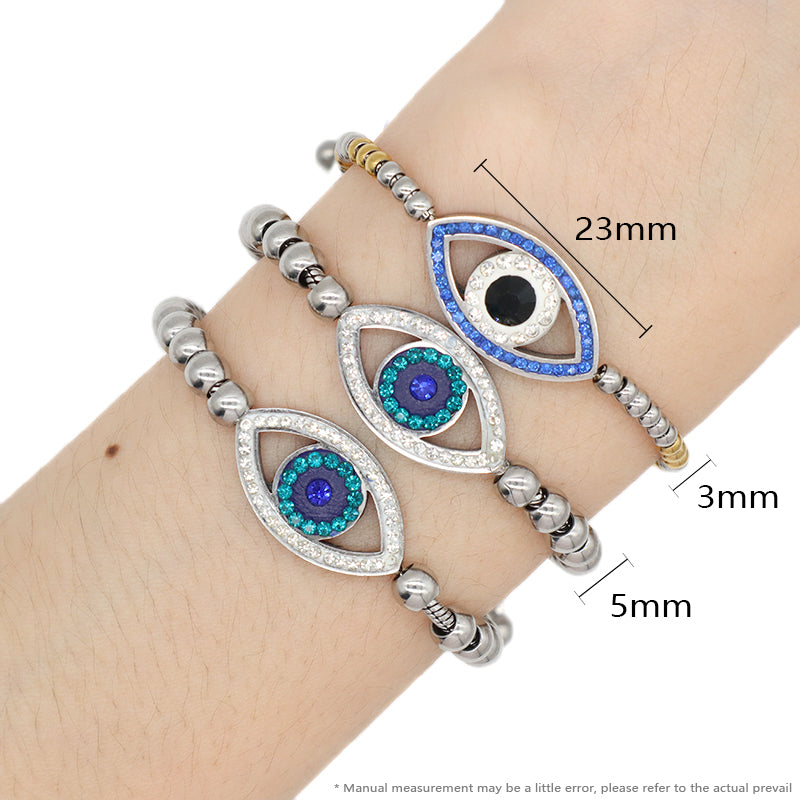 Manufacture Fashionable Customized Wholesale China Factory Women Blue Devil Eyes Charm Bangle Jewelry Gift Ajustable Gold Plated Stainless Steel CZ Turkish Evil Eyes Bracelet