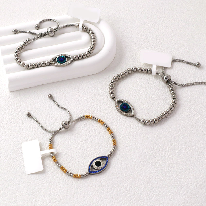 Manufacture Fashionable Customized Wholesale China Factory Women Blue Devil Eyes Charm Bangle Jewelry Gift Ajustable Gold Plated Stainless Steel CZ Turkish Evil Eyes Bracelet