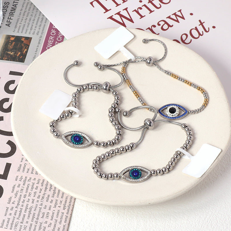 Manufacture Fashionable Customized Wholesale China Factory Women Blue Devil Eyes Charm Bangle Jewelry Gift Ajustable Gold Plated Stainless Steel CZ Turkish Evil Eyes Bracelet
