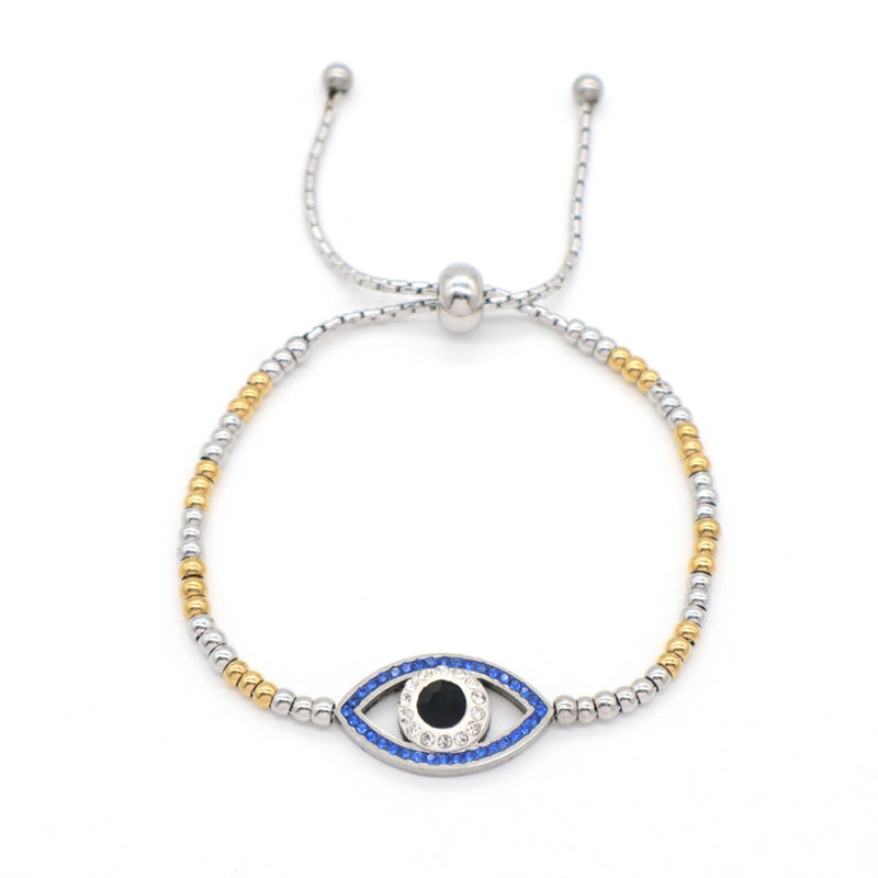 Manufacture Fashionable Customized Wholesale China Factory Women Blue Devil Eyes Charm Bangle Jewelry Gift Ajustable Gold Plated Stainless Steel CZ Turkish Evil Eyes Bracelet