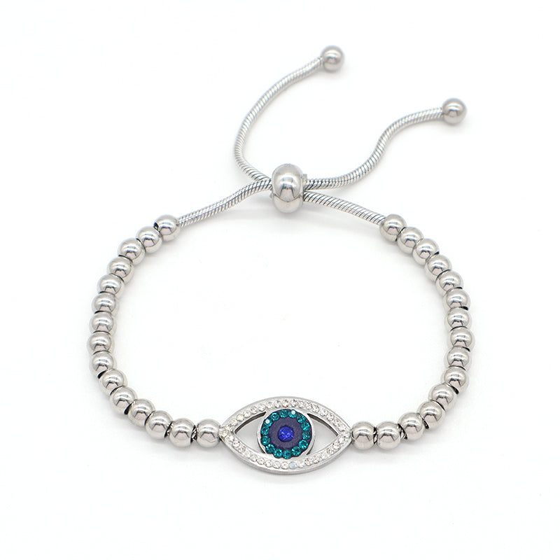 Manufacture Fashionable Customized Wholesale China Factory Women Blue Devil Eyes Charm Bangle Jewelry Gift Ajustable Gold Plated Stainless Steel CZ Turkish Evil Eyes Bracelet