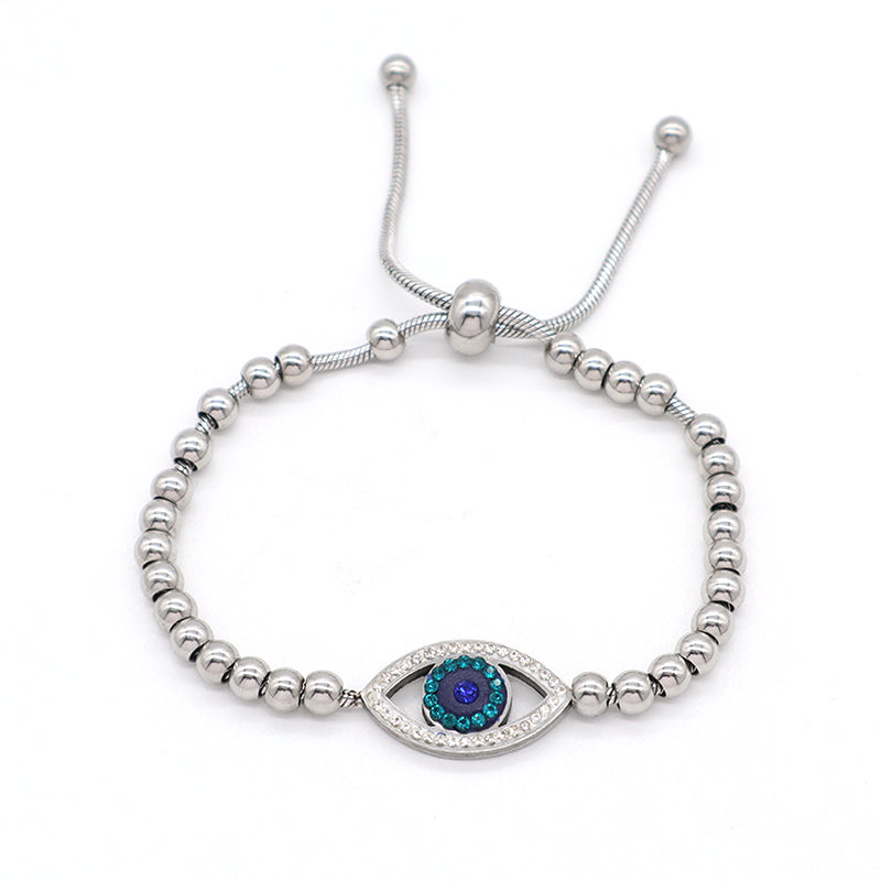 Manufacture Fashionable Customized Wholesale China Factory Women Blue Devil Eyes Charm Bangle Jewelry Gift Ajustable Gold Plated Stainless Steel CZ Turkish Evil Eyes Bracelet