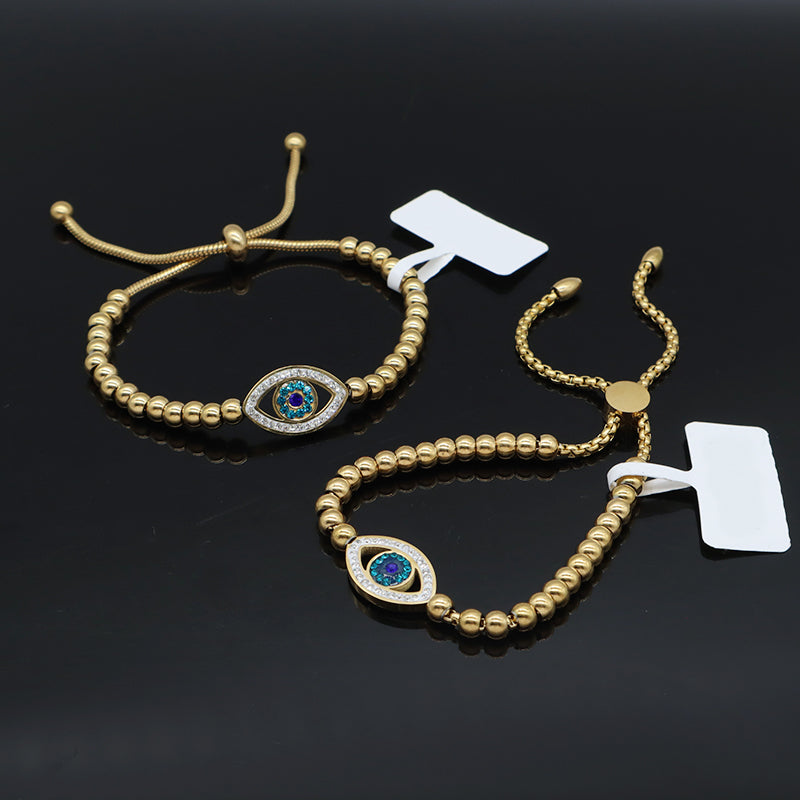 Customized Wholesale China Factory Manufacture Fashionable Women Devil Eyes Charm Jewelry Gift Ajustable Gold Plated Stainless Steel CZ Pink Evil Eyes Bracelet Bangle