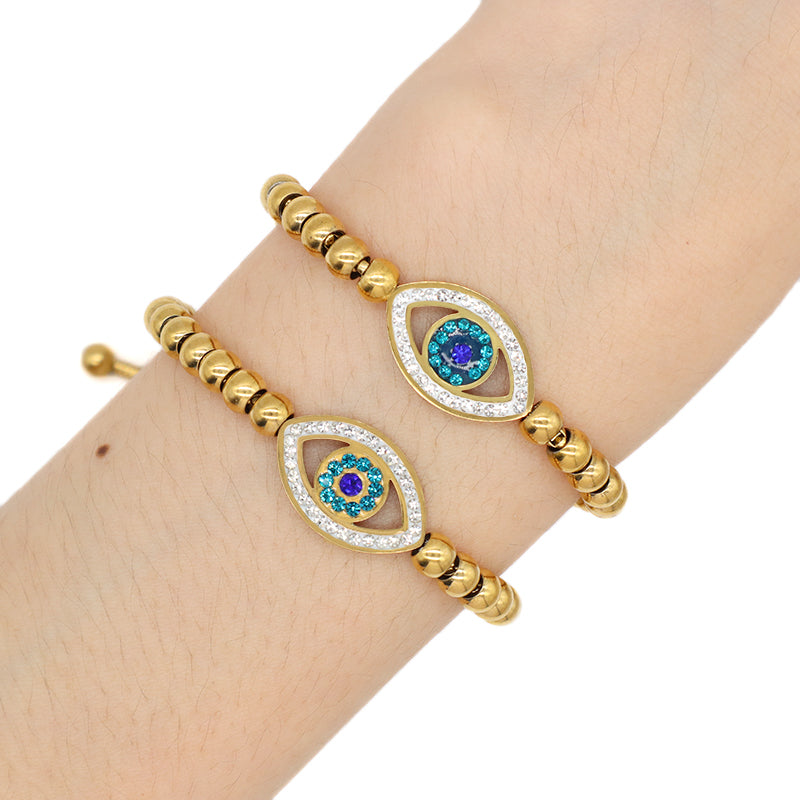Customized Wholesale China Factory Manufacture Fashionable Women Devil Eyes Charm Jewelry Gift Ajustable Gold Plated Stainless Steel CZ Pink Evil Eyes Bracelet Bangle