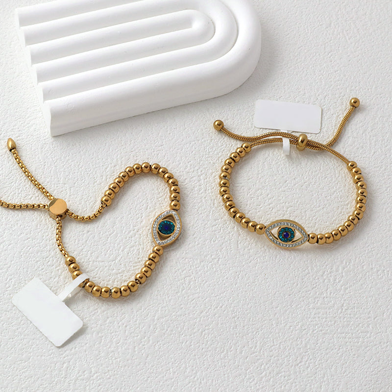 Customized Wholesale China Factory Manufacture Fashionable Women Devil Eyes Charm Jewelry Gift Ajustable Gold Plated Stainless Steel CZ Pink Evil Eyes Bracelet Bangle